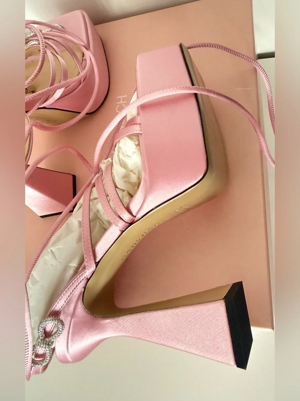 Mach & Mach Pink Satin Double Bow Crystal Embellished Platform Sandals size 38